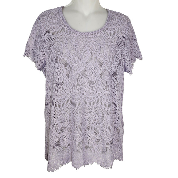 Maurices Top Women’s Large Purple Lace Short Sleeve Split Tail Sheer Scalloped - Picture 1 of 10